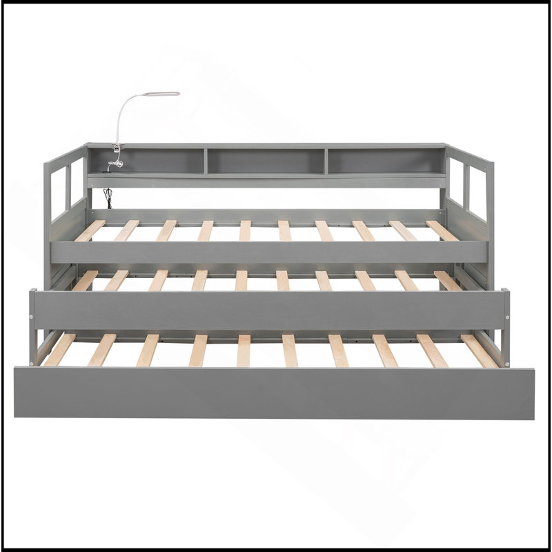 Lit de jour simple en bois avec 2 lits gigognes, 3 casiers de rangement, 1 lumière gratuite et conception de chargement USB
