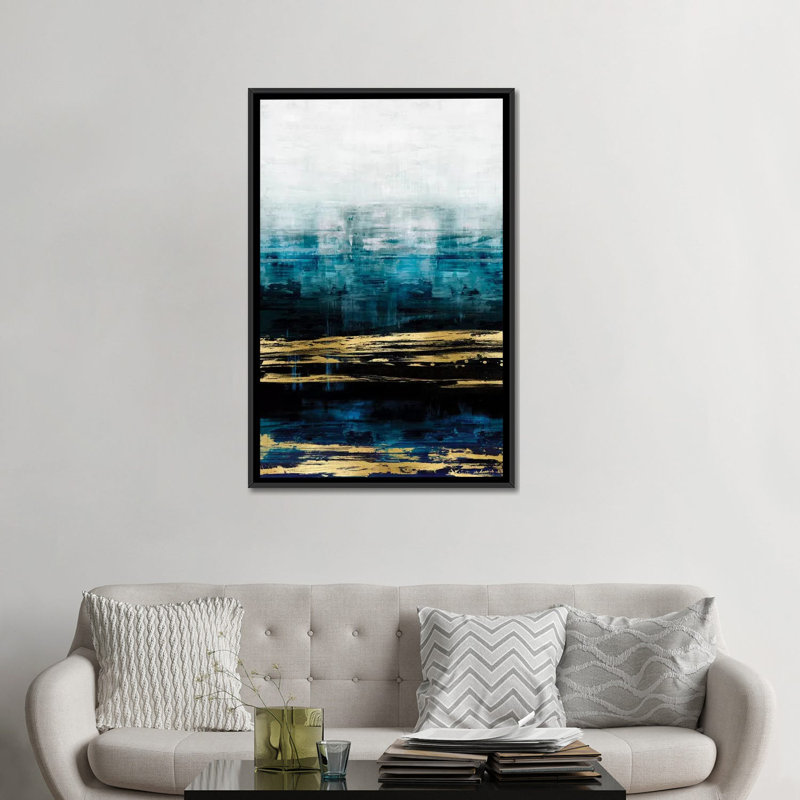 «Aqua Reflections with Gold» non disponible sur toile, H 26 po x l 18 po x P 1,5 po, Toile encadrée noire, Pas de tapis