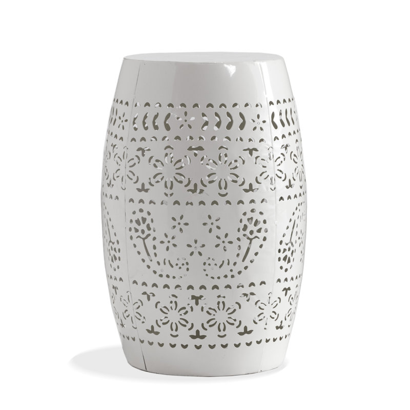 Outdoor Side Table, Lace Cut, 12 Inch Round Top W White Barrel Base, White
