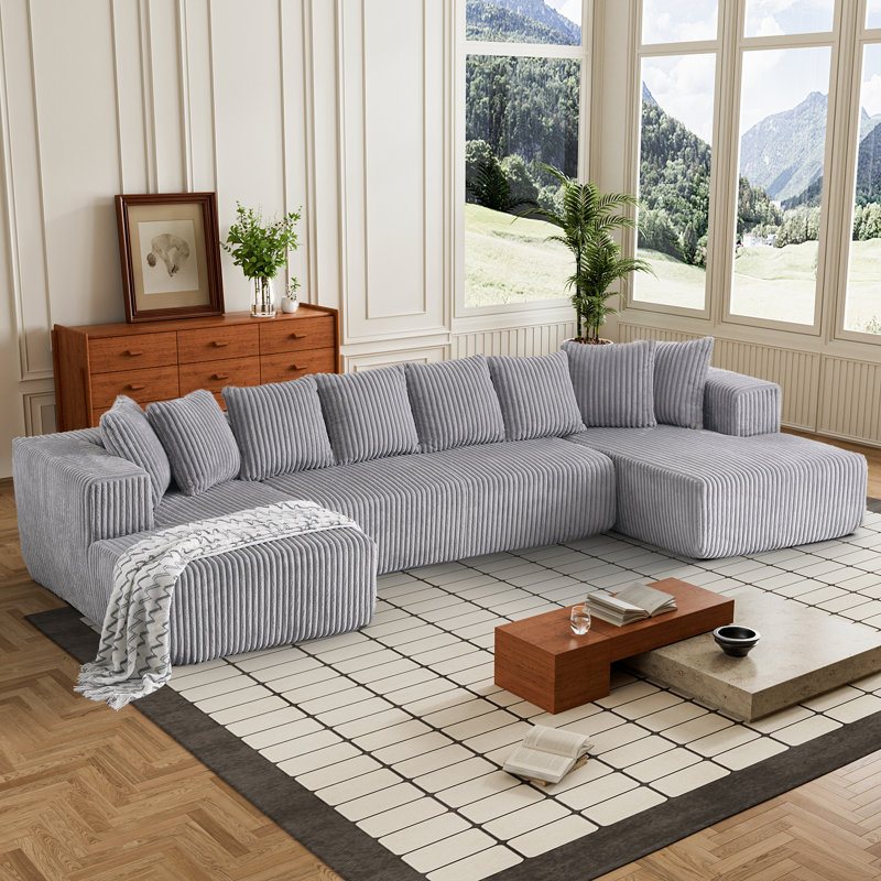Boneless Modular Sectional Couch, U Shaped 4 Seater Free Combination Compression Sofa, Gray Corduroy