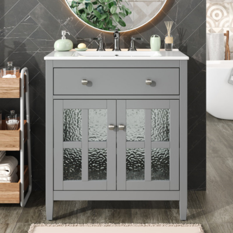Meuble-lavabo de 30 po avec lavabo en céramique et plateau basculant - Pieds en bois massif et charnières à fermeture en douceur - Boutons argentés