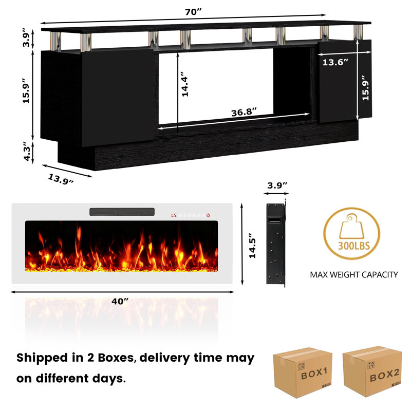 Meuble TV Aleila 70 po avec foyer électrique 40 po, console multimédia moderne à 2 niveaux pour salon, placards de rangement laqués brillants avec éclairage DEL, compatible avec les téléviseurs jusqu'à 80 po