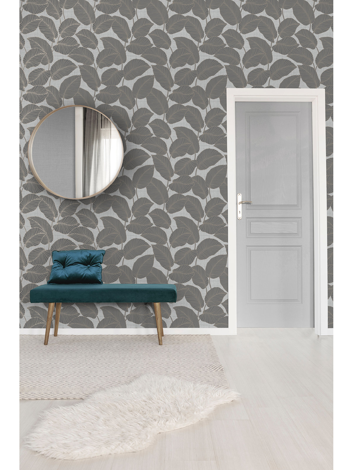 Omena Modern Leaves Wallpaper, Gray