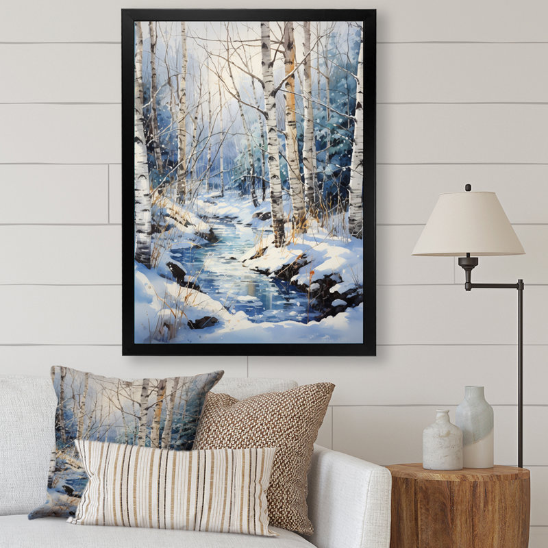 Vonny Birch Woods Winter Moonrise I - Tree Birch, art mural, Cadre simple noir, H 32 po x l 16 po x P 1 po