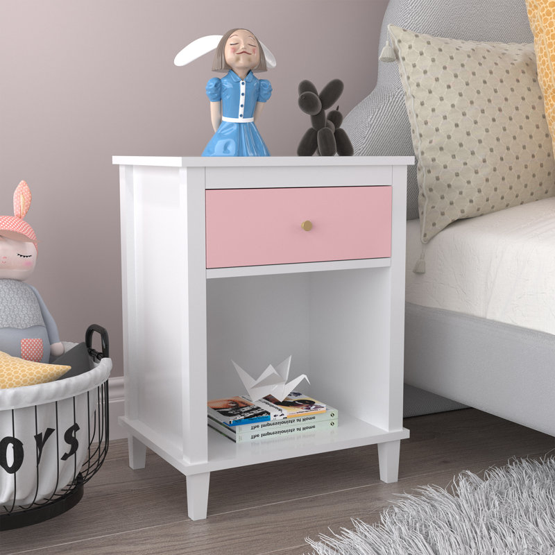 1 Drawer Nightstand, White/Pink