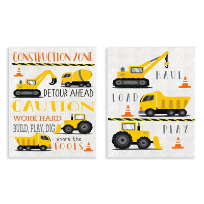 Construction Zone Trucks & Phrases 2 Piece Wall Plaque Art Set, design by Elizabeth Tyndall