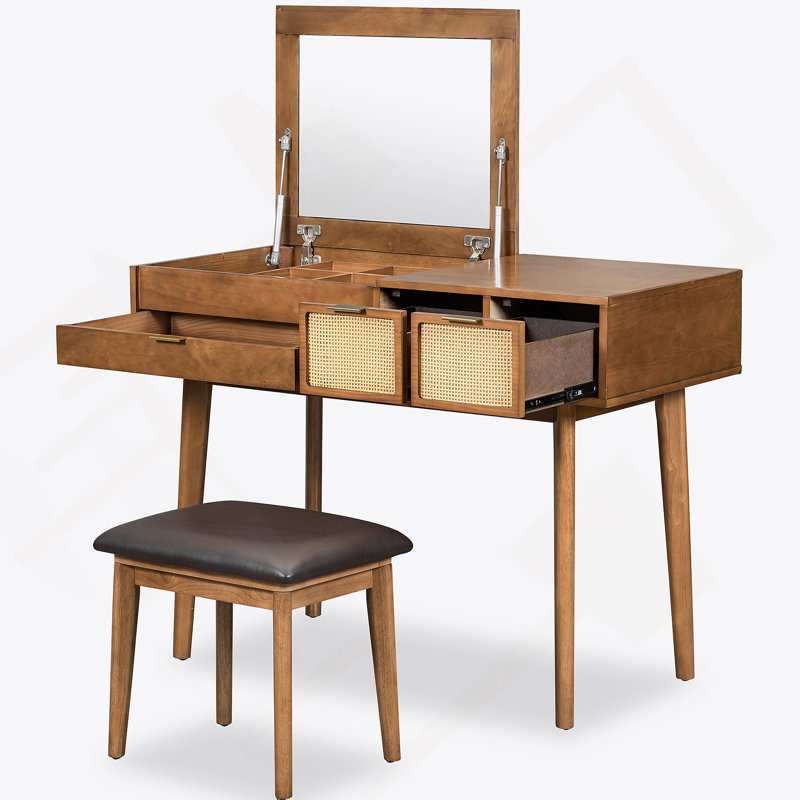 Ensemble de coiffeuse classique en bois avec miroir rabattable et tabouret pour la chambre à coucher