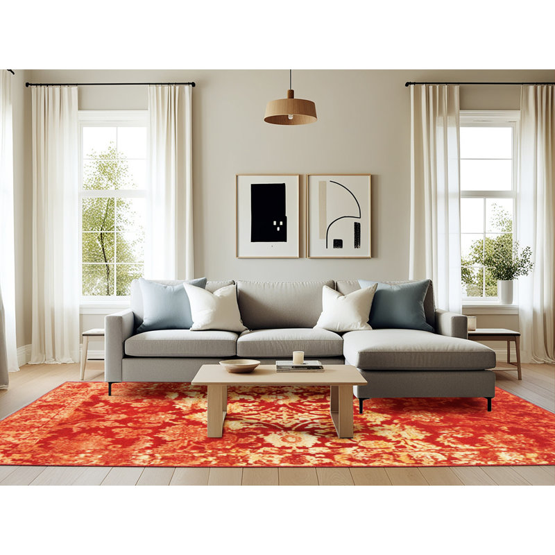 Tapis contemporain rouge / jaune Nia, Rectangle 6 pi x 9 pi