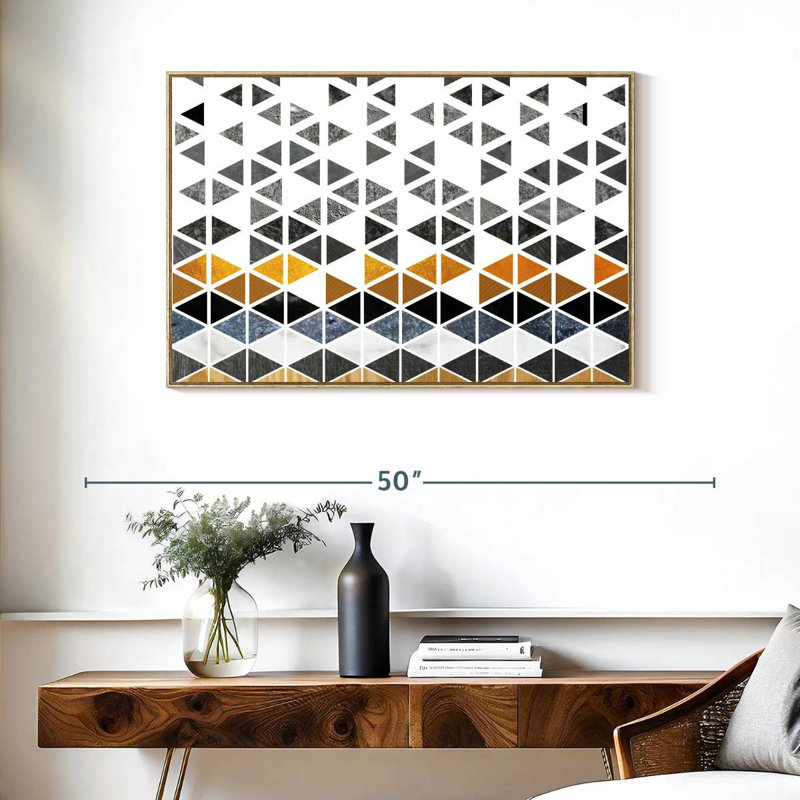 Triangle Geometric Patterns, Floating Frame Natural Wood, 37" X 25"