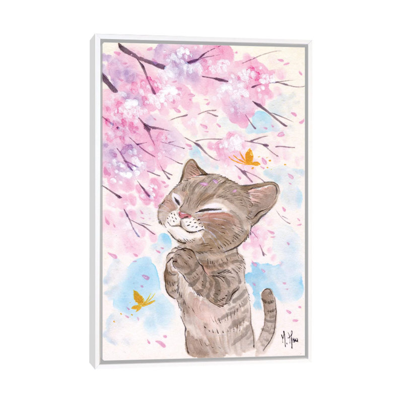 Cherry Blossom Wishes - Cat 1 Piece Painting on Canvas, 66.04 cm H x 45.72 cm W, White Framed