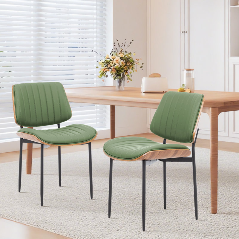 Contemporary Kitchen & Dining Chair with Walnut Bentwood Frame and Padded Faux Leather Seat, Green
