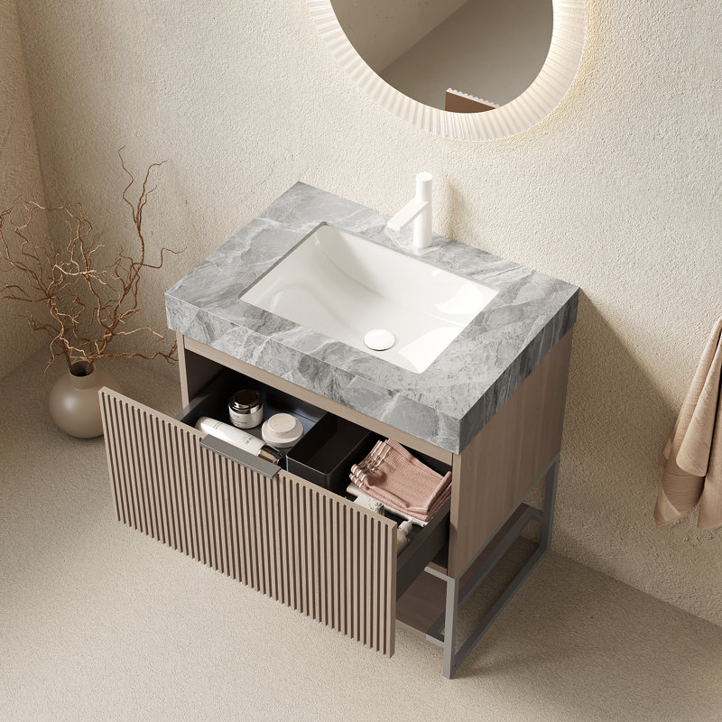 Meuble-lavabo autoportant de 30 po avec comptoir en pierre frittée et vasque en céramique encastrée Yolan