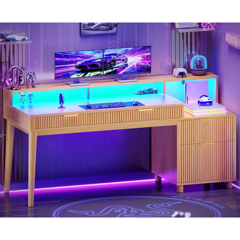 Alvonia 59'' Computer Desk Electric Gaming Desk With Drawers And Led Lights, Oak