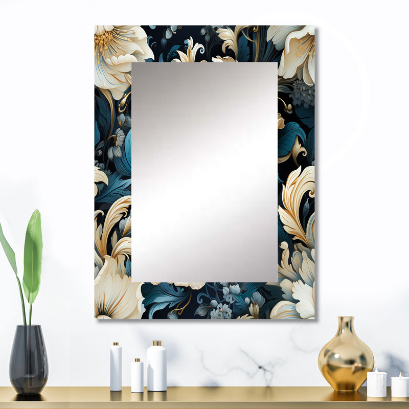Lloyd Blue And White Paisley Dynasty Flowers - damask  Wall Mirror, Boho Decorative Mirror, Printed Metal Art, 32" x 24"