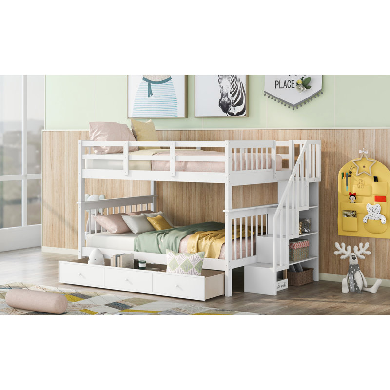 Lit double superposé au-dessus de l'escalier en blanc pour la chambre à coucher, compartiments de rangement sous les escaliers, deux espaces de couchage, garde-corps et structure solide, capacité de poids du lit de chambre à coucher 200 / 275Lbs, blanc