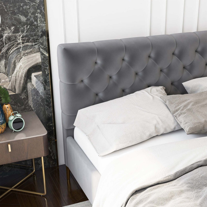 Luxueux design capitonné, lit minimaliste moderne, Grand, Gris foncé