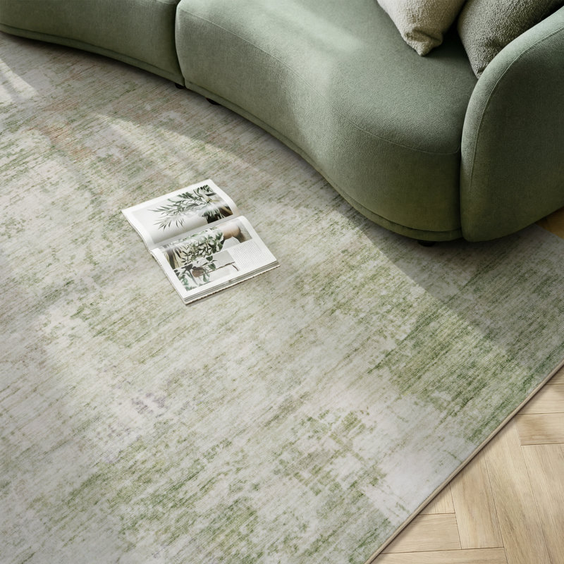 Distressed Modern Abstract Machine Washable Area Rug in Sage Green for Living Room or Bedroom, Rectangle 8' x 10', Green