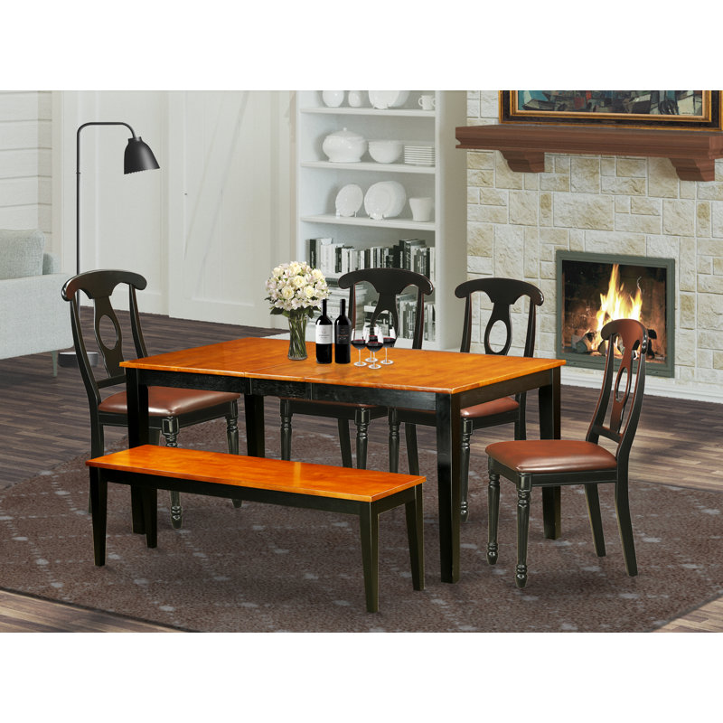 L'ensemble 6 pièces de table et chaises de cuisine comprend une table de salle à manger rectangulaire avec rallonge papillon et 4 chaises de salle à manger avec banc, babeurre et cerise