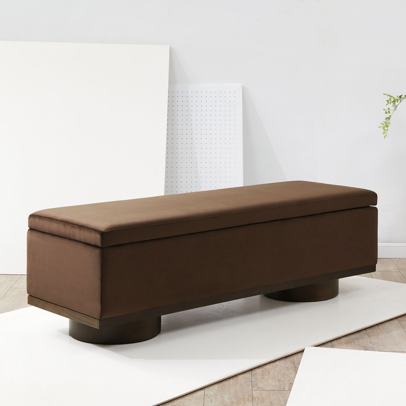 Morje 61" Linen Entryway Bench, Dark Brown Velvet, Walnut