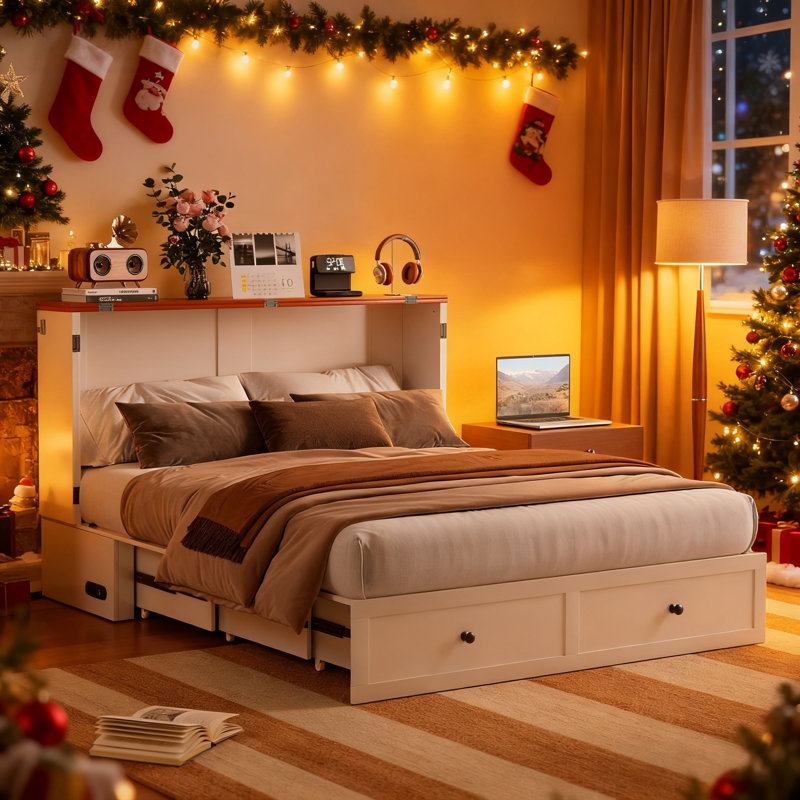 Armoire de lit escamotable Murphy avec station de charge, matelas inclus, armoire de rangement Armoires de coffre escamotables avec panneau pliable pour petits espaces invités, bureaux à domicile