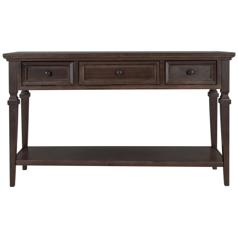 Console de style rétro classique avec trois tiroirs supérieurs et tablette inférieure ouverte, Espresso
