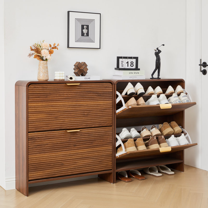 Armoire de rangement pour chaussures 16 paires avec 2 tiroirs rabattables, Noyer