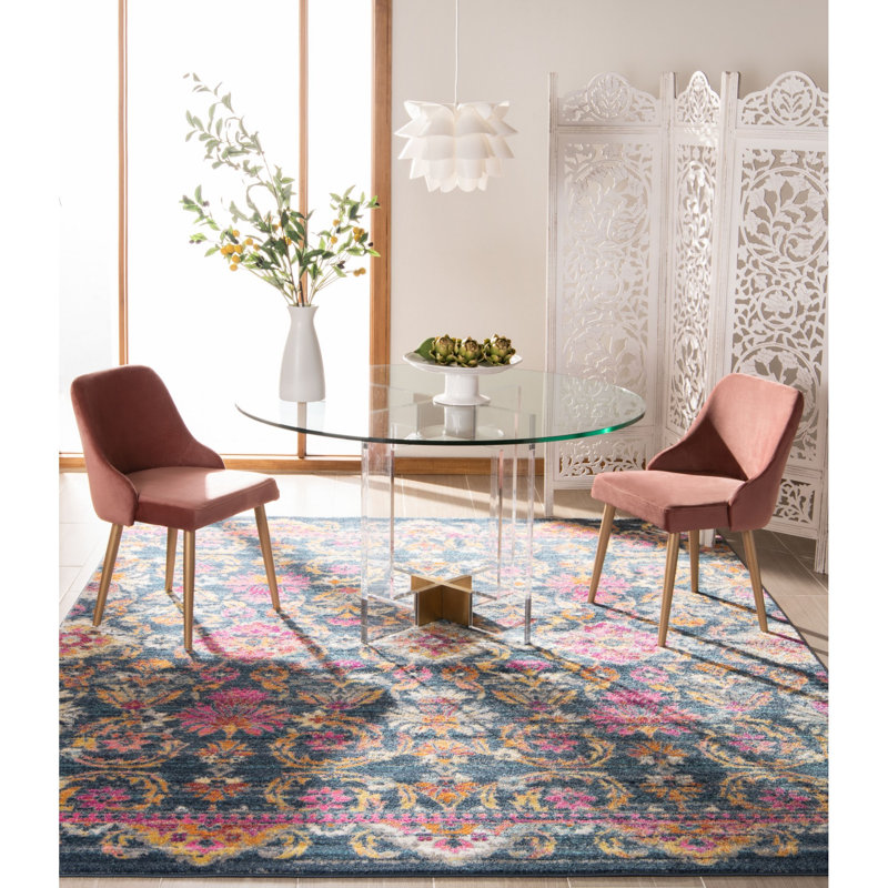 Felty Floral Machine Made Power Loom Polypropylene Blue Area Rug, Rectangle 8' x 10'