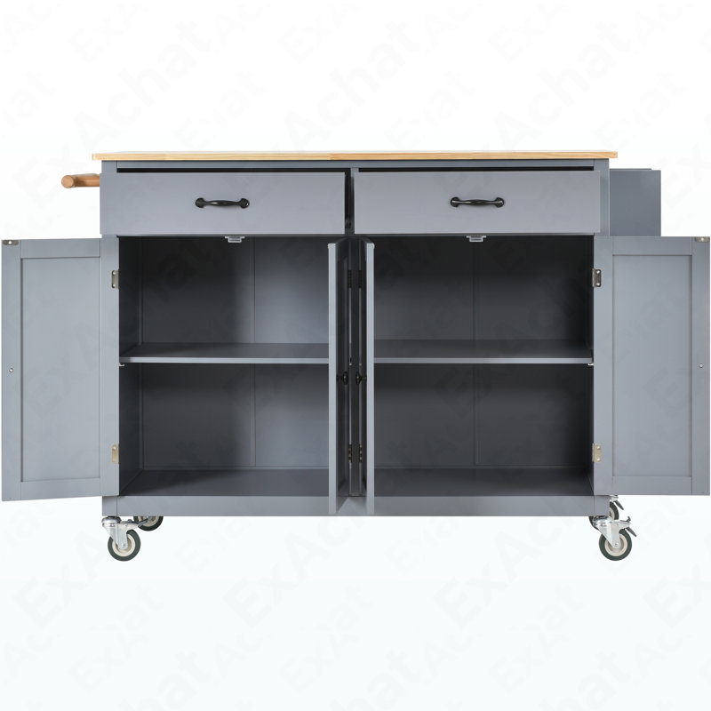 Chariot pour îlot de cuisine avec plateau en bois massif et roues verrouillables, largeur de 54,3 pouces, armoire à 4 portes et deux tiroirs, support à épices, support à serviettes (gris bleu)