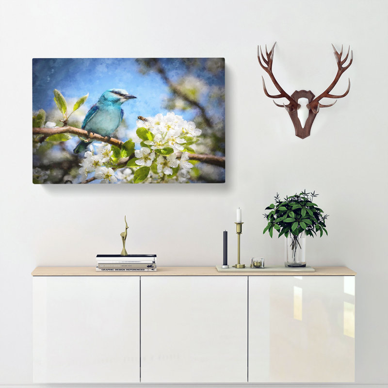 Blue Bird & Cherry Blossom Tree - Wrapped Canvas Painting, 35cm H x 50cm W x 3cm D