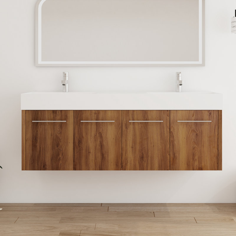 60" Bathroom Vanity with Sink, 60 Inch Floating Vanity, Double Sink Wall Mounted Vanity Combo, Modern Bathroom Vanity Set with 4 Doors and Resin Basin Sink