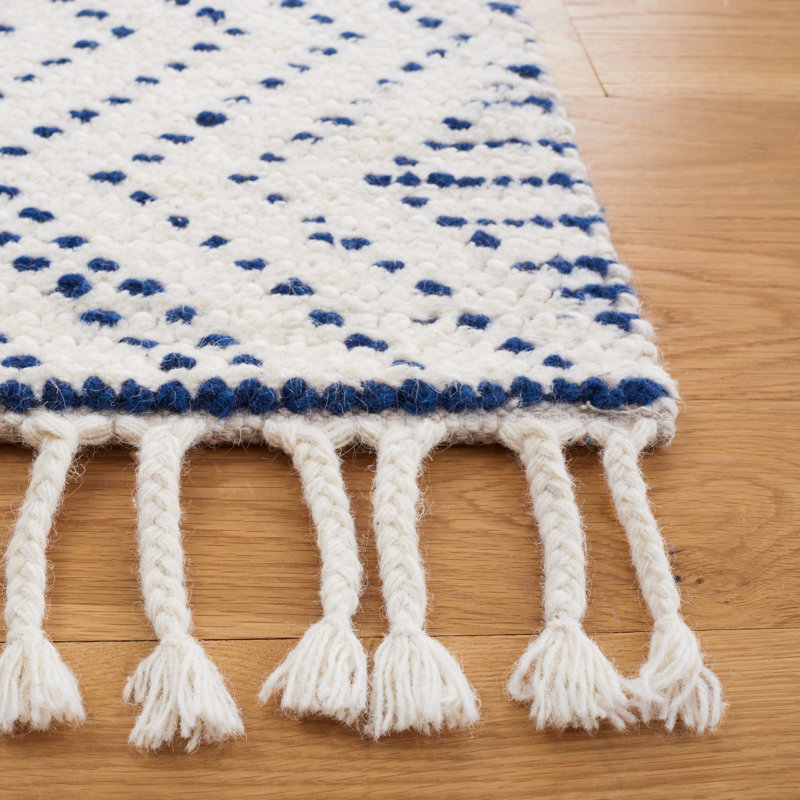 Apeksha Hand Loomed Wool/Cotton Geometric Rug in Blue/Ivory, Runner 2'3" x 9'