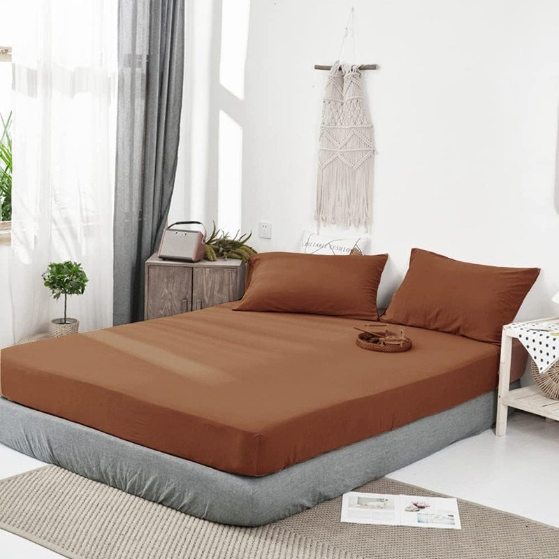 Drap-housse en coton tricoté 3 pièces DONEUS, Drap-housse grand avec 2 taies d'oreiller, Orange brûlé