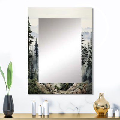 Pin, Misty Mountain I - miroir mural unique en pin, miroir vert, impression sur métal