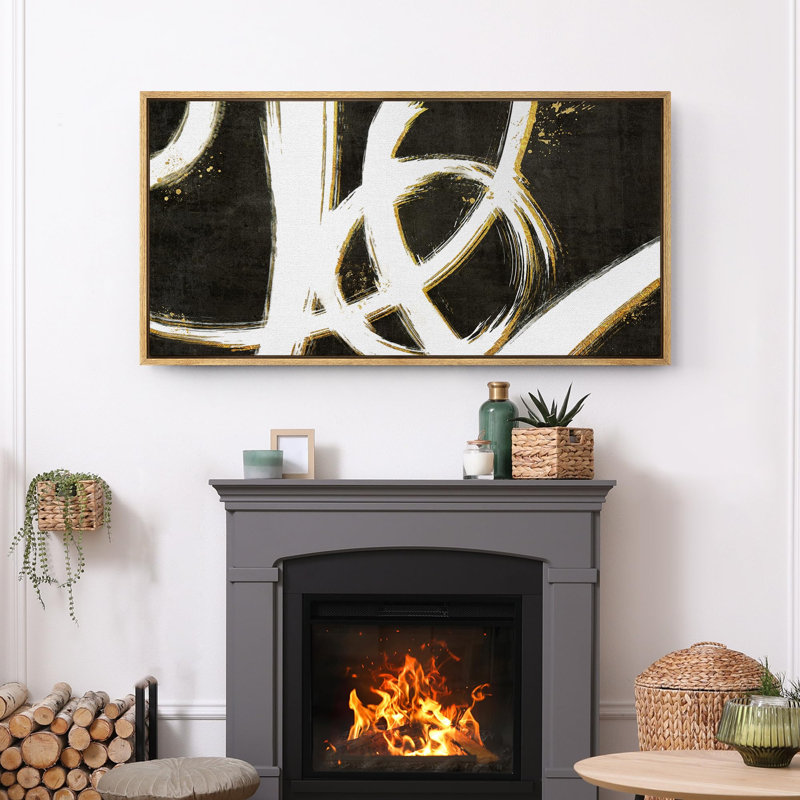 «Grunge Abstract Paint Stroke Effect Mid Mid Century Shape Abstract Gold and White Swirls», reproduction encadrée sur toile