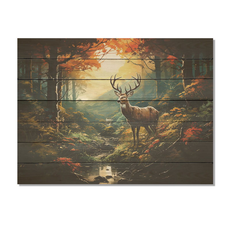 Vert et brun, cerf dans une forêt sauvage - animal cerf sur bois, H 30 po x l 40 po x P 0,78 po
