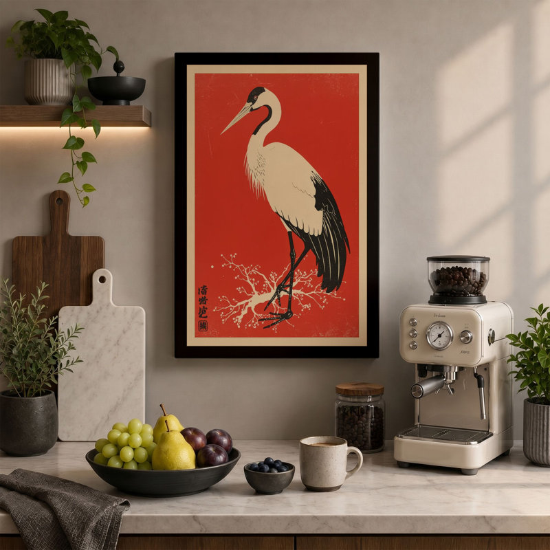 Crane in Red Japandi - Wrapped Canvas, 18x12 - 45.7 x 30.5 cm, Sage Border