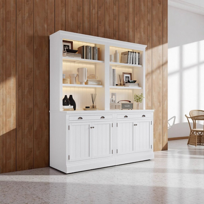 Ensemble de bibliothèque moderne blanche 83,4 "avec 3 bandes d'éclairage DEL, 2 tiroirs et 4 portes - Ensemble de 2 armoires de rangement en bois massif et en panneau de fibres à densité moyenne pour le salon / bureau à domicile