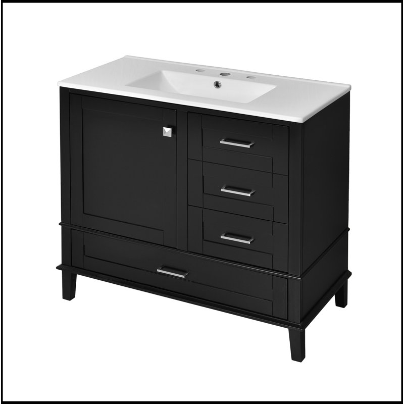 Meuble-lavabo moderne 36 po avec cadre en pin massif, 1 porte à fermeture douce et 3 tiroirs, armoire de rangement moderne