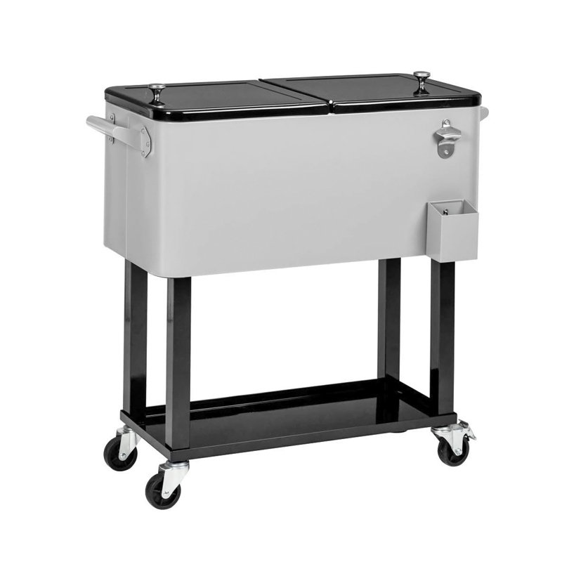 Gray 80 Quart Rolling Steel Cooler with Wheels and Shelf