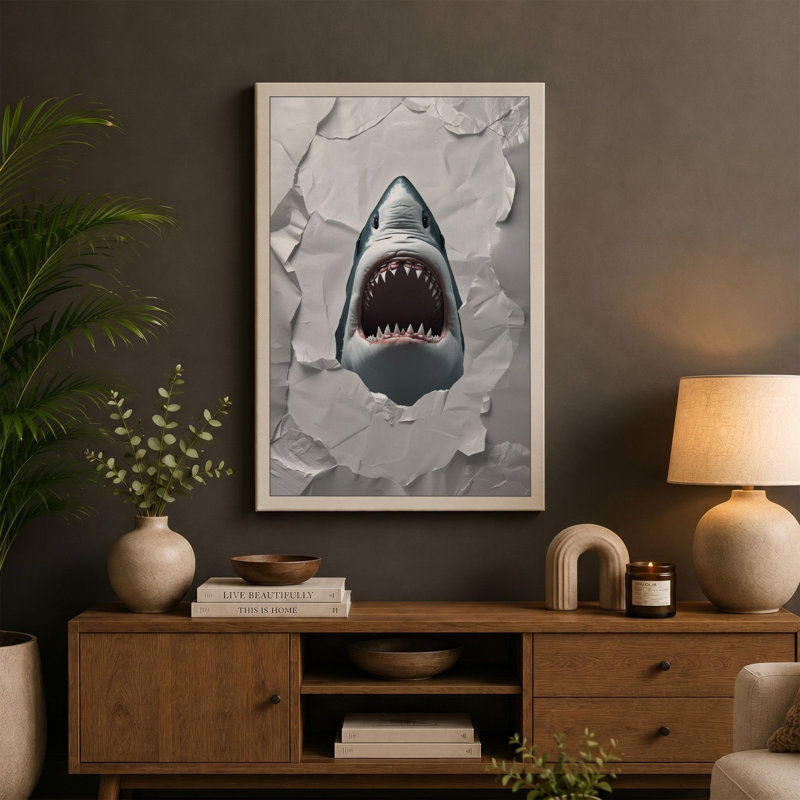 Shark Breaks Through Modern - Wrapped Canvas, 18x12 - 45.7 x 30.5 cm, Taupe Border