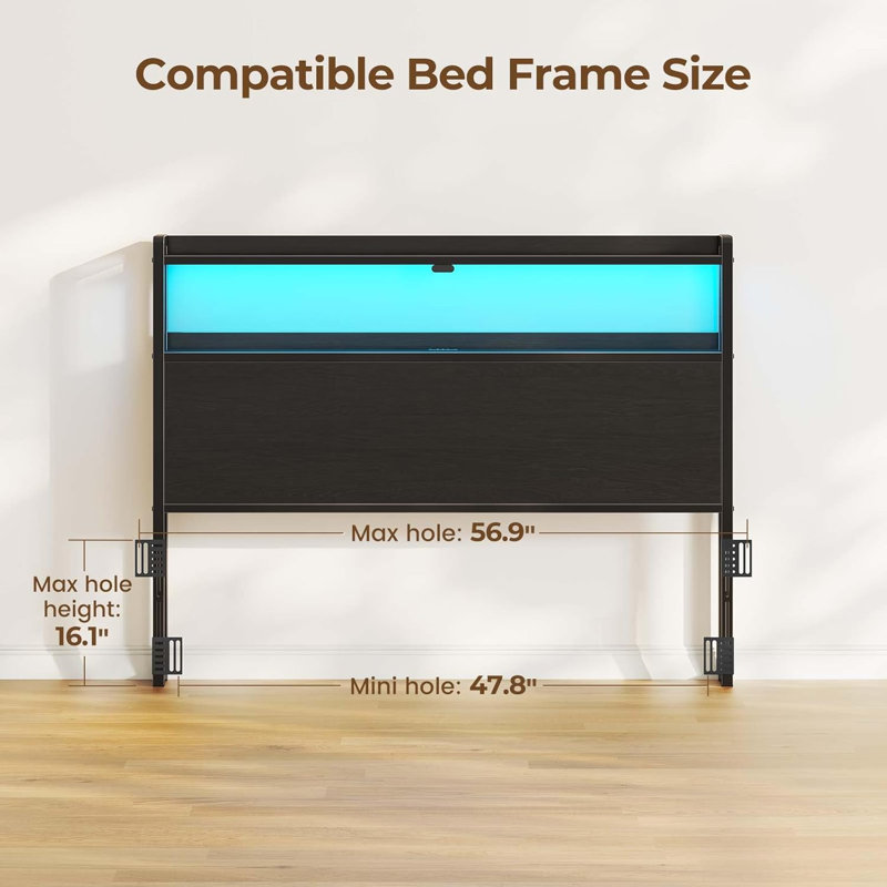 Berte Storage Upholstered Headboard With RGB LED Lights & Charging Station, Full