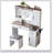 Farmhouse Vanity Desk With Sliding Mirror, LED Lights, And Charging Station, Glass Top, 4 Drawers, 2 Cabinets, And Stool For Bedroom-531712807