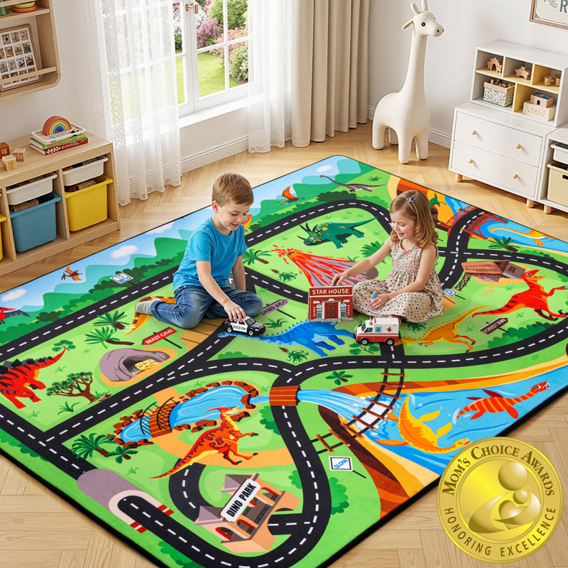 Tapis de jeu pour enfants Cavorel Dinosaur Car Tapis, très épais, 0,4 po, antidérapant doux, 6 pi x 9 pi, Rectangle 6' x 9'