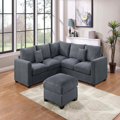 Ensemble de canapé modulaire en forme de L de style moderne avec repose-pieds 4 pièces et accoudoirs carrés en velours côtelé revêtu de gris foncé