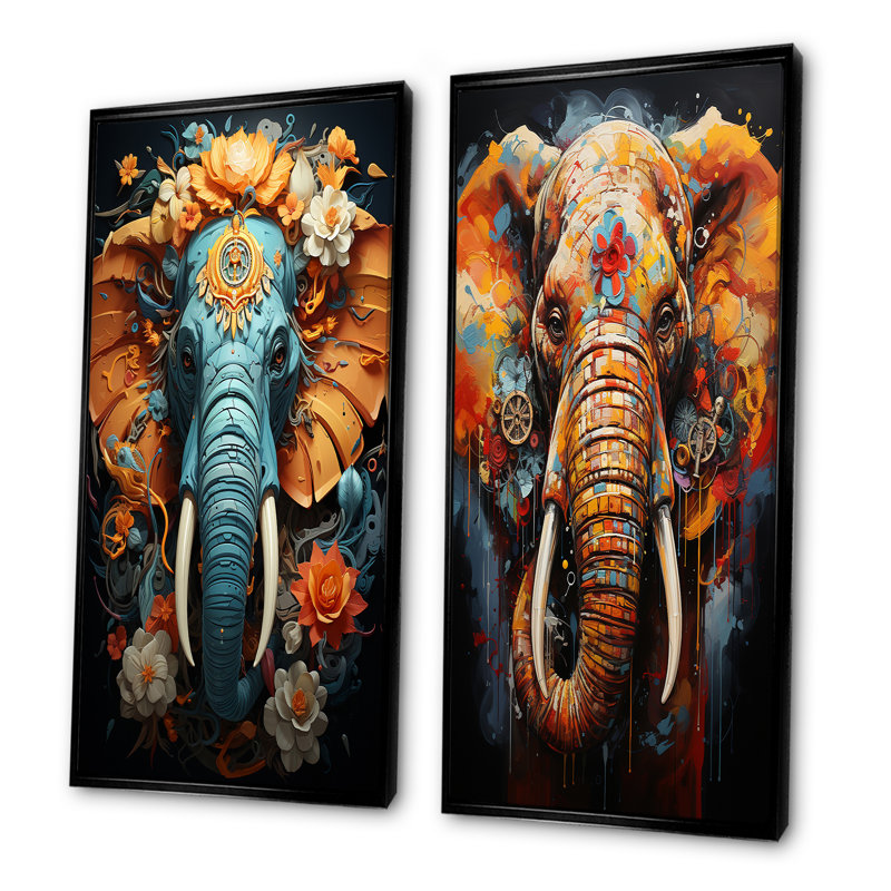 Urban Graffiti Pachyderms - Éléphant, ensemble de 2 reproductions d'art sur toile, H 40 po x l 41 po, Cadre noir