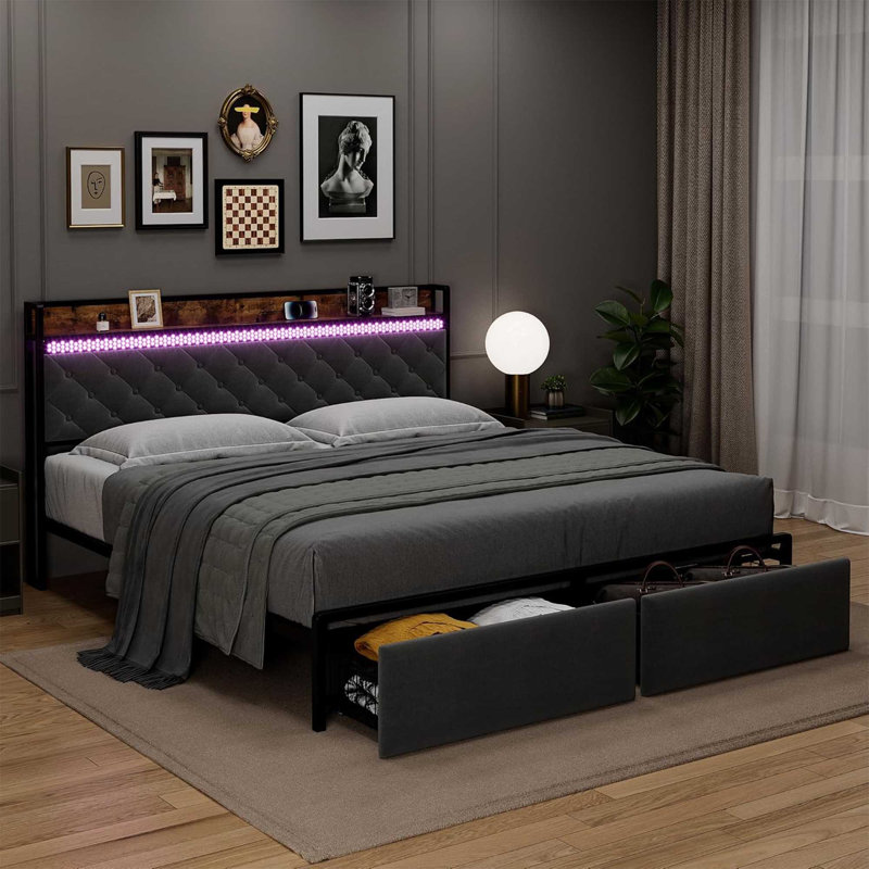 Lit plateforme avec rangement Danitra, Double, Gris foncé / Noir