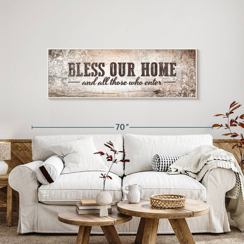 Plaque murale «Bless Our Home», 57 po x 19 po, Cadre flottant blanc