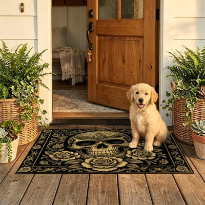  Non-Slip Indoor Outdoor Door Mat, 20"x32",gold skull rose border gothic