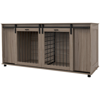 Dog Crate Furniture With Removable Divider For 2 Small Dogs Or 1 Large Dog, 71" Modern Dog Kennel Furniture End Table With Storage, Double Doors, Walnut