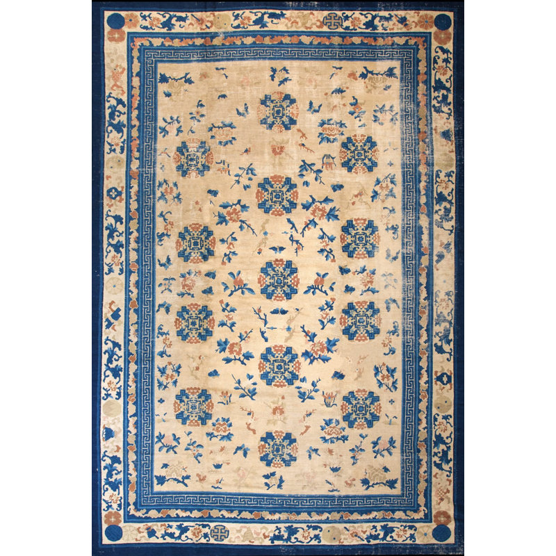 Antique Large Room Size Ivory Chinese Allover Floral Ningxia Rug
